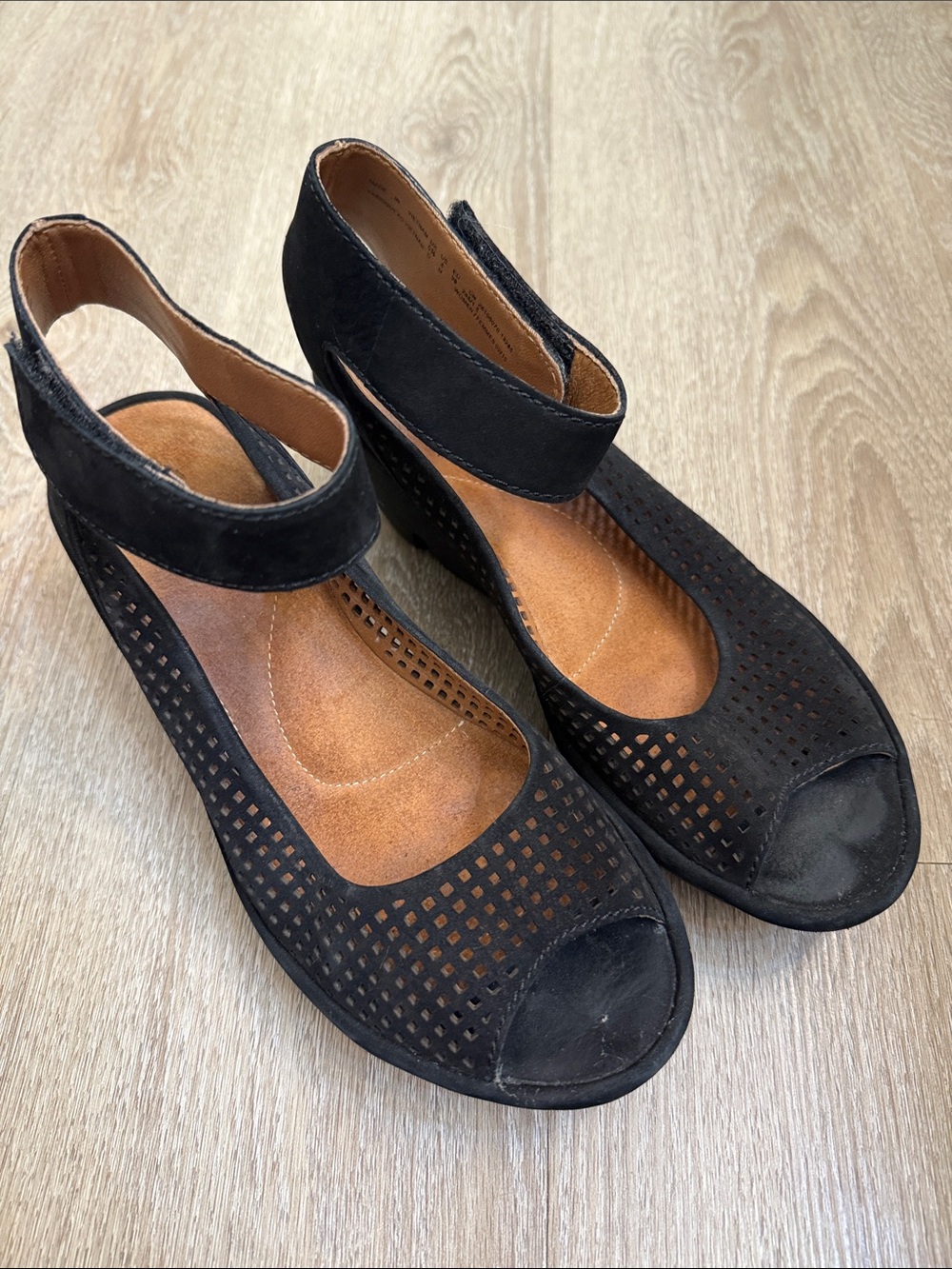 Clarks Black Perforated Peep-Toe Wedge Heels with Ankle Strap